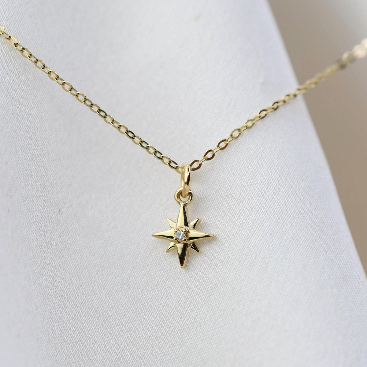 North Star 14K Gold Necklace — Diamond Starburst Charm - Sash Jewelry