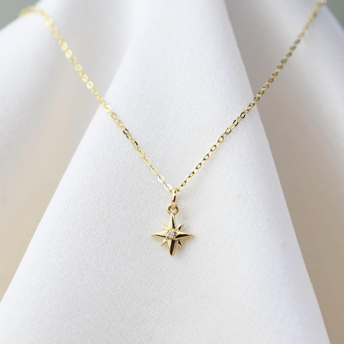 North Star 14K Gold Necklace — Diamond Starburst Charm - Sash Jewelry