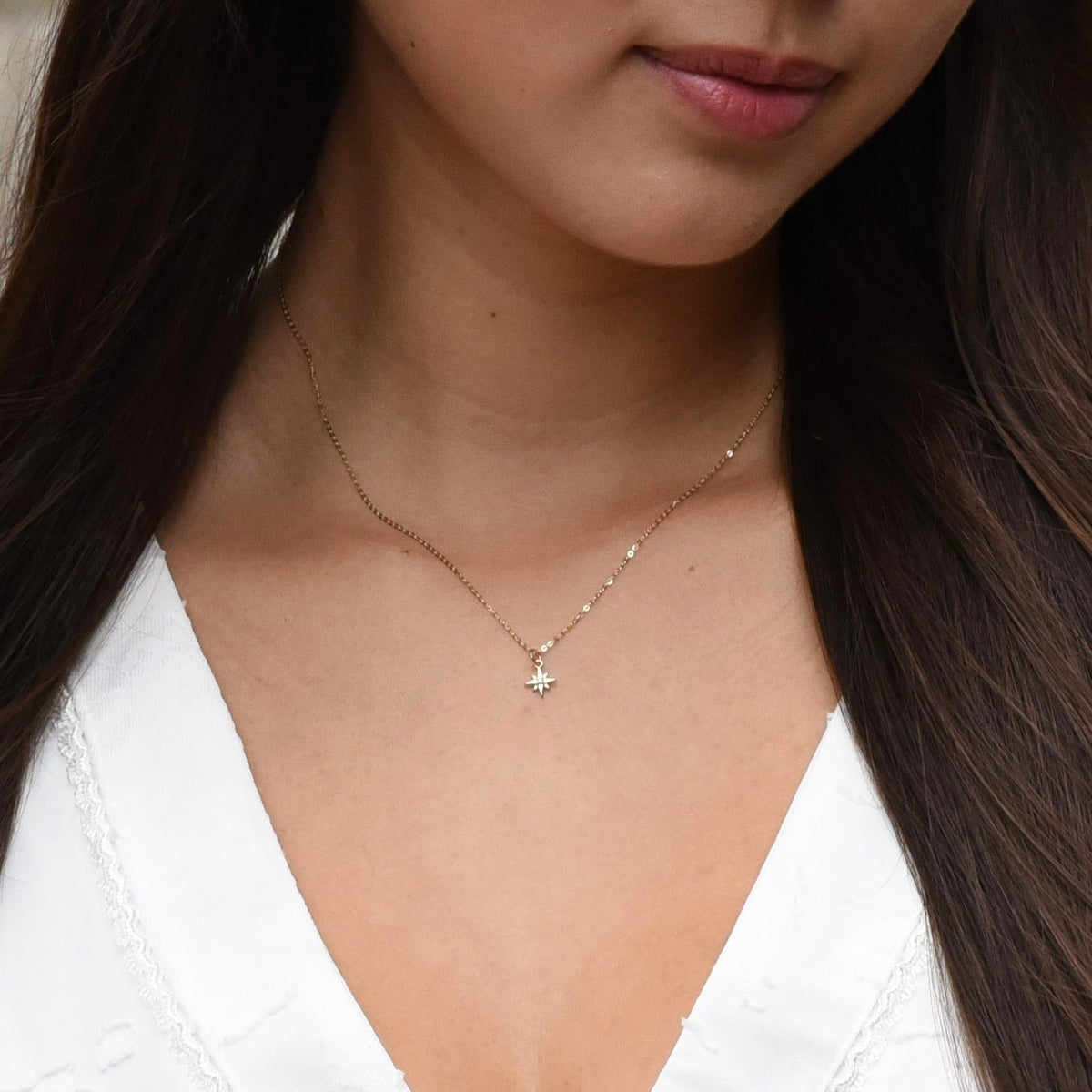 North Star 14K Gold Necklace — Diamond Starburst Charm - Sash Jewelry
