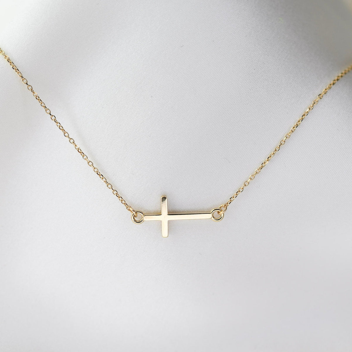 Sideways Cross Necklace – Minimal Horizontal Cross Necklace - Sash Jewelry