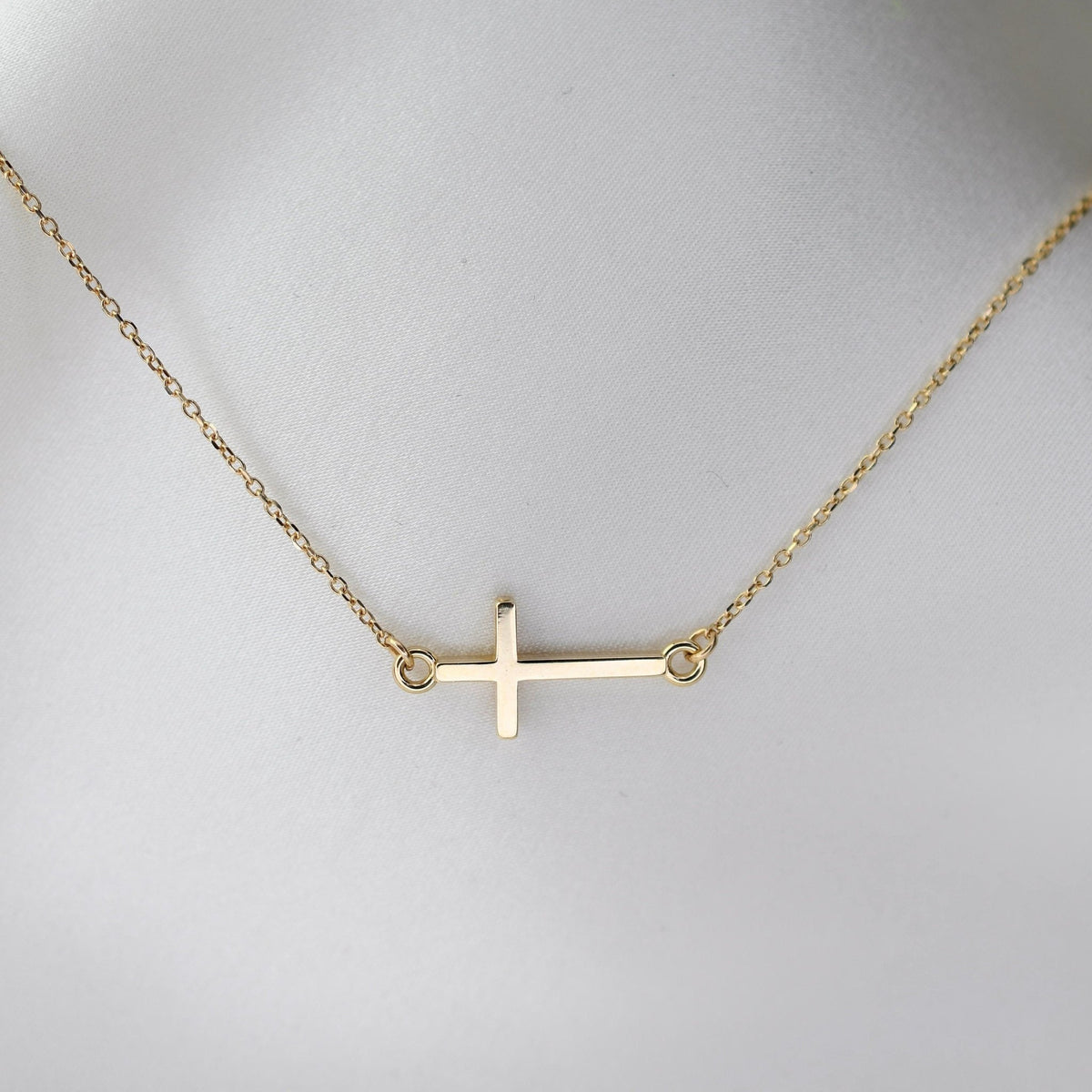 Sideways Cross Necklace – Minimal Horizontal Cross Necklace - Sash Jewelry