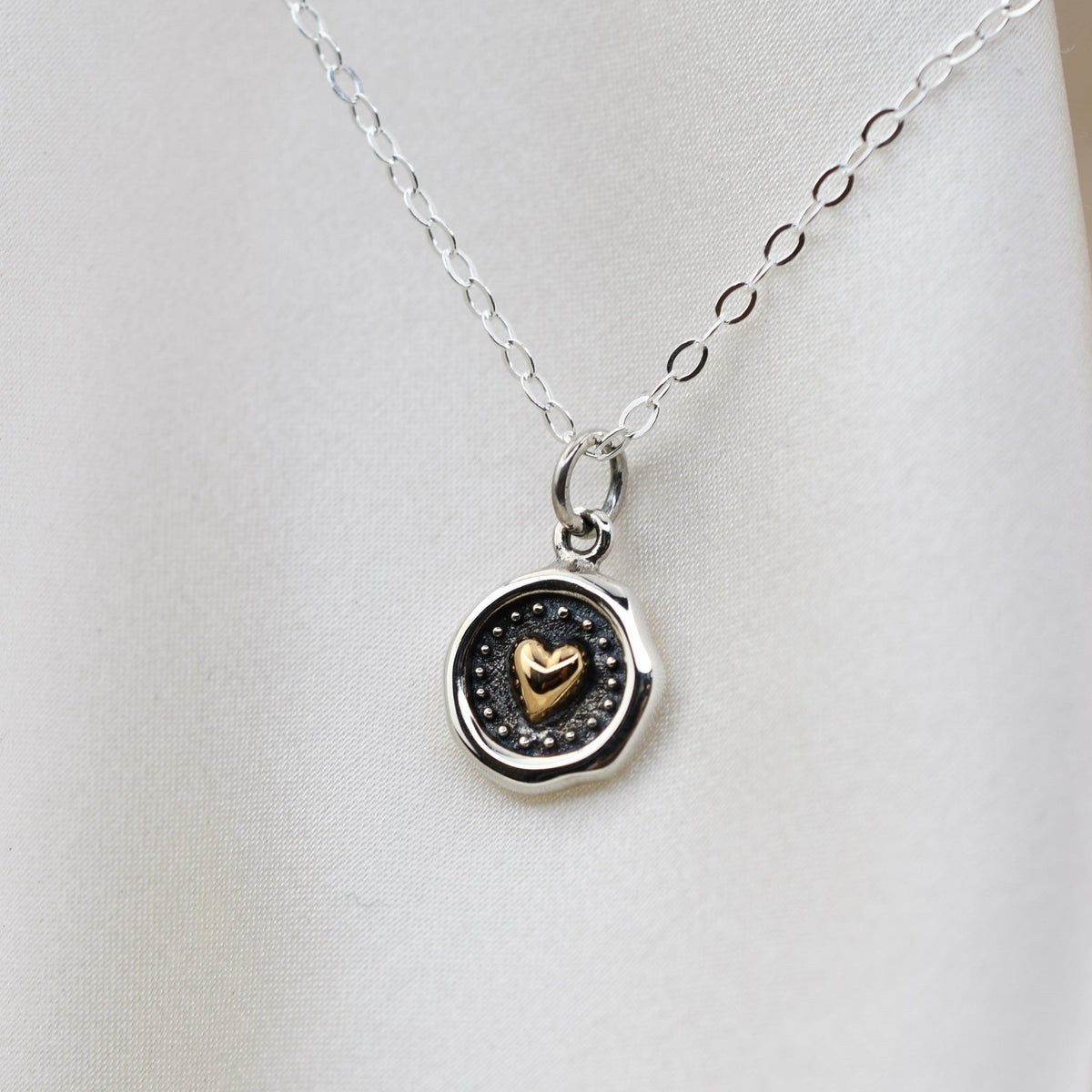 Sterling Silver and Bronze Small Heart Necklace – Wax Seal Heart Charm Necklace - Sash Jewelry